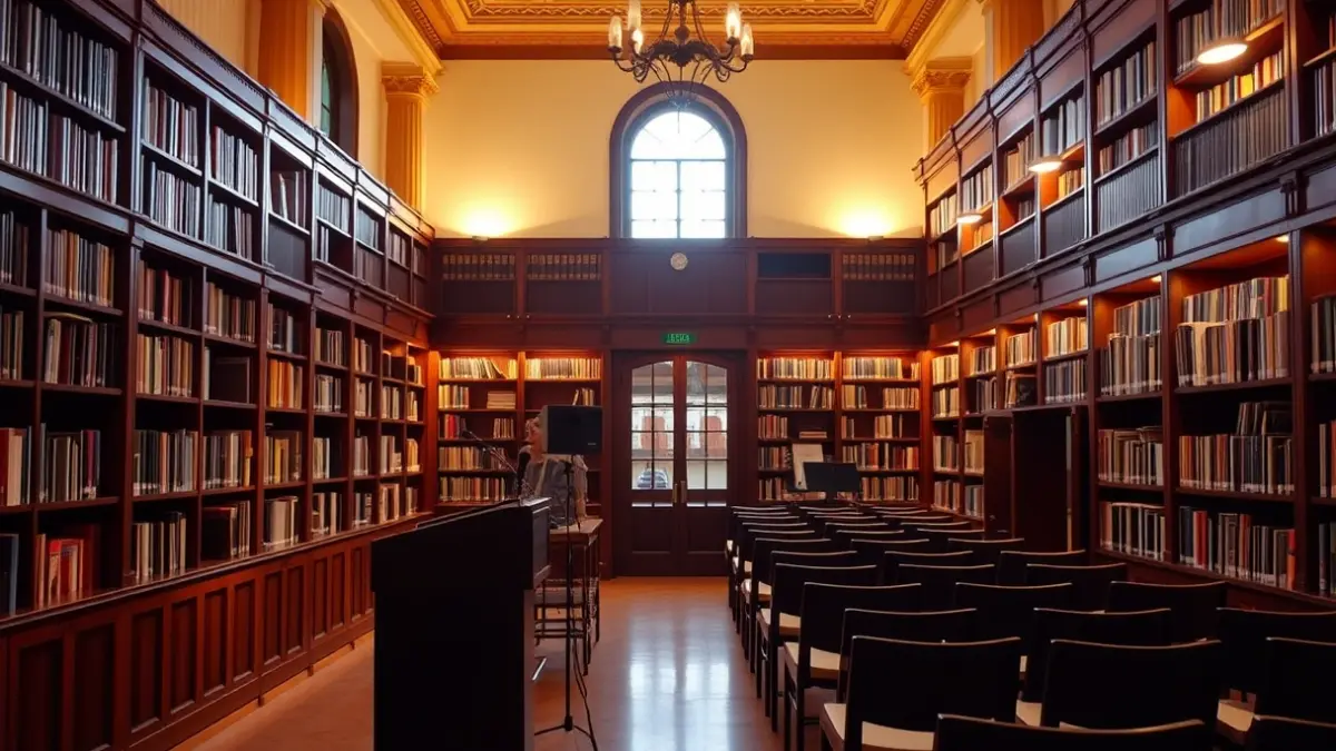 Imagen genérica de un interior de biblioteca con estanterías de madera y un podio con micrófono.