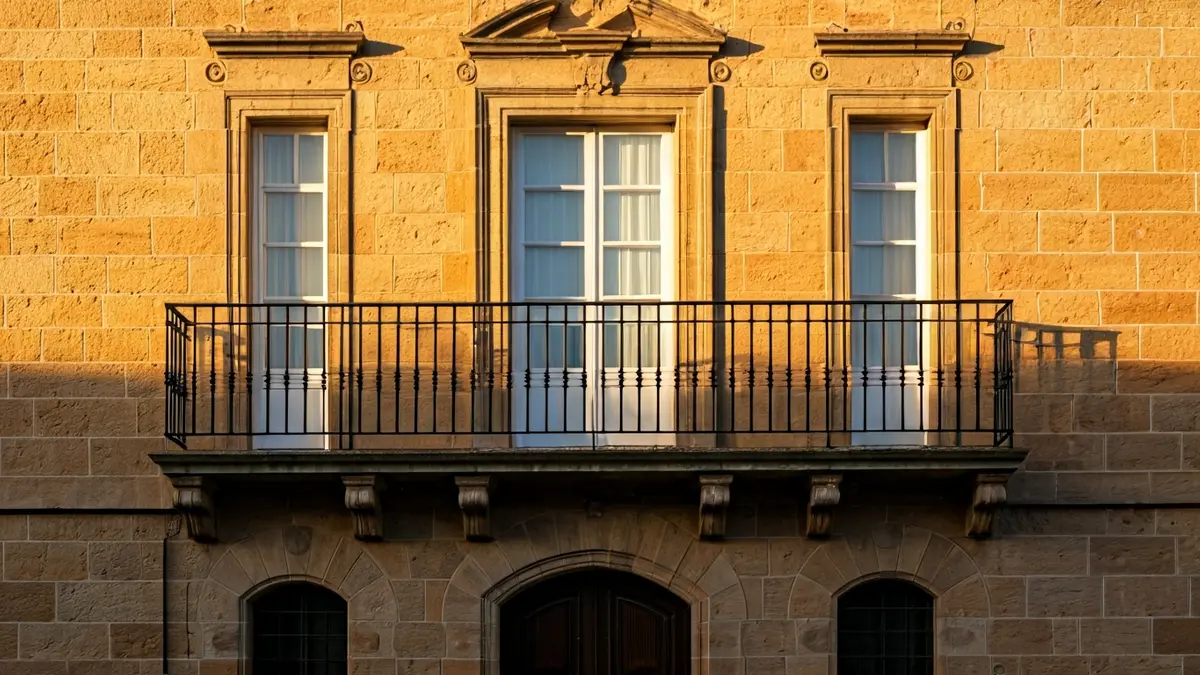 Facade of Nuevo Baztán town hall in the afternoon sun.