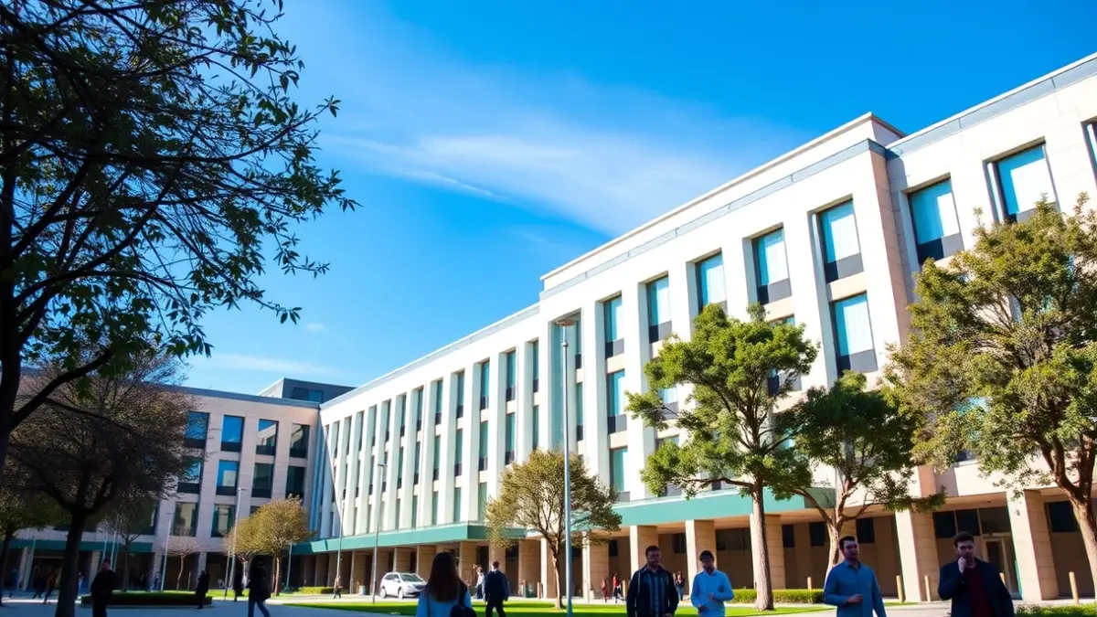 Imagen de la fachada de un edificio universitario moderno en Madrid.