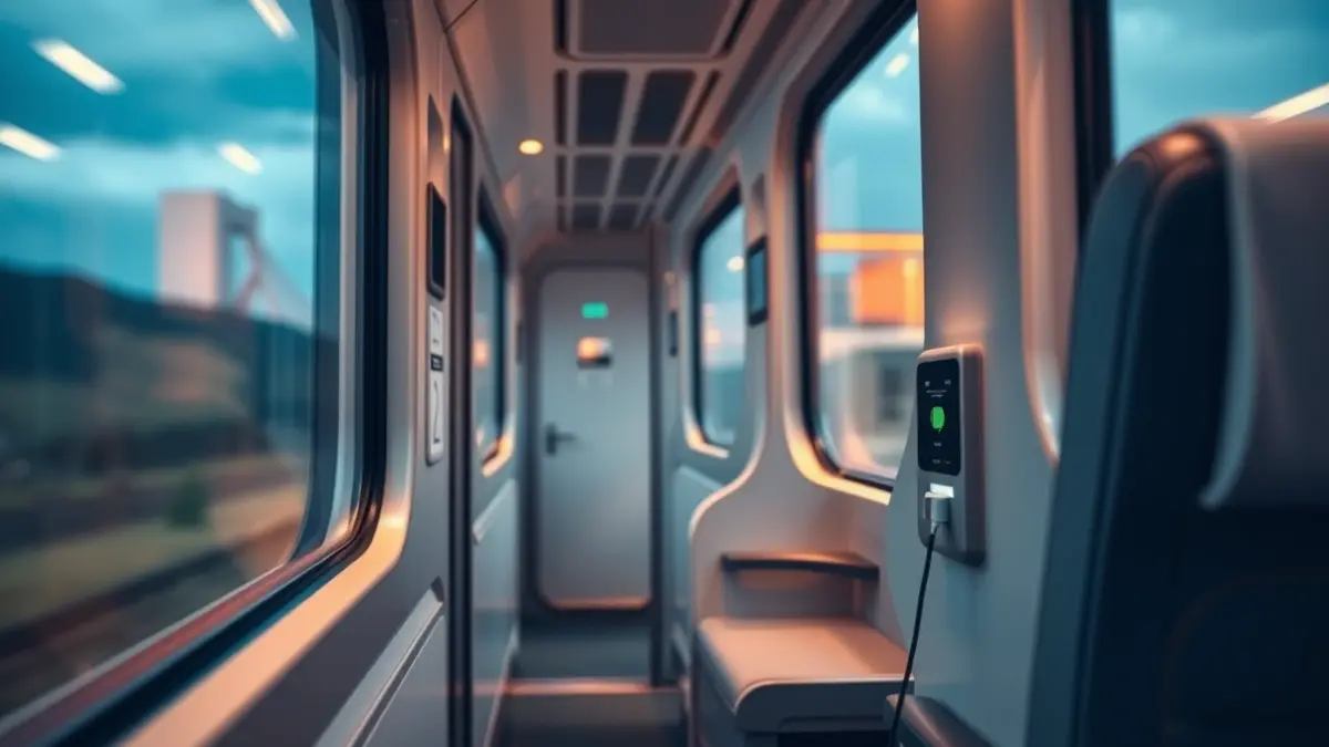 Imagen genérica del interior de un tren moderno con asientos y puertos USB.