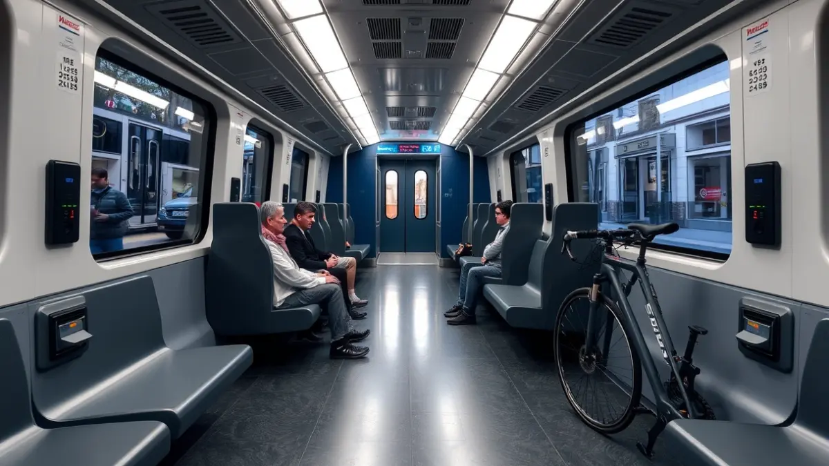 Image of the interior of a modern train with power outlets and bicycle space.
