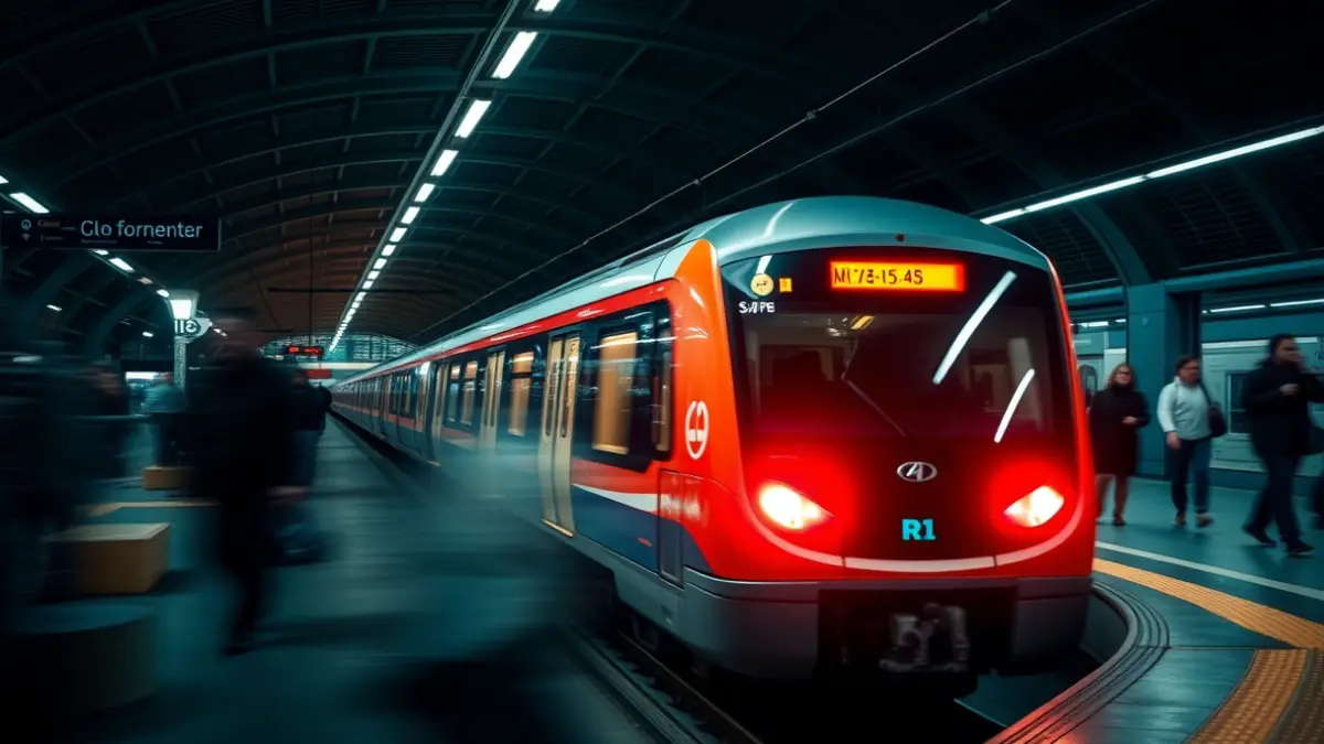 Image of a modern train arriving at a commuter rail station in Madrid.