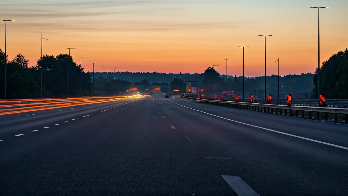 Generic image of a highway with construction and traffic at dawn.