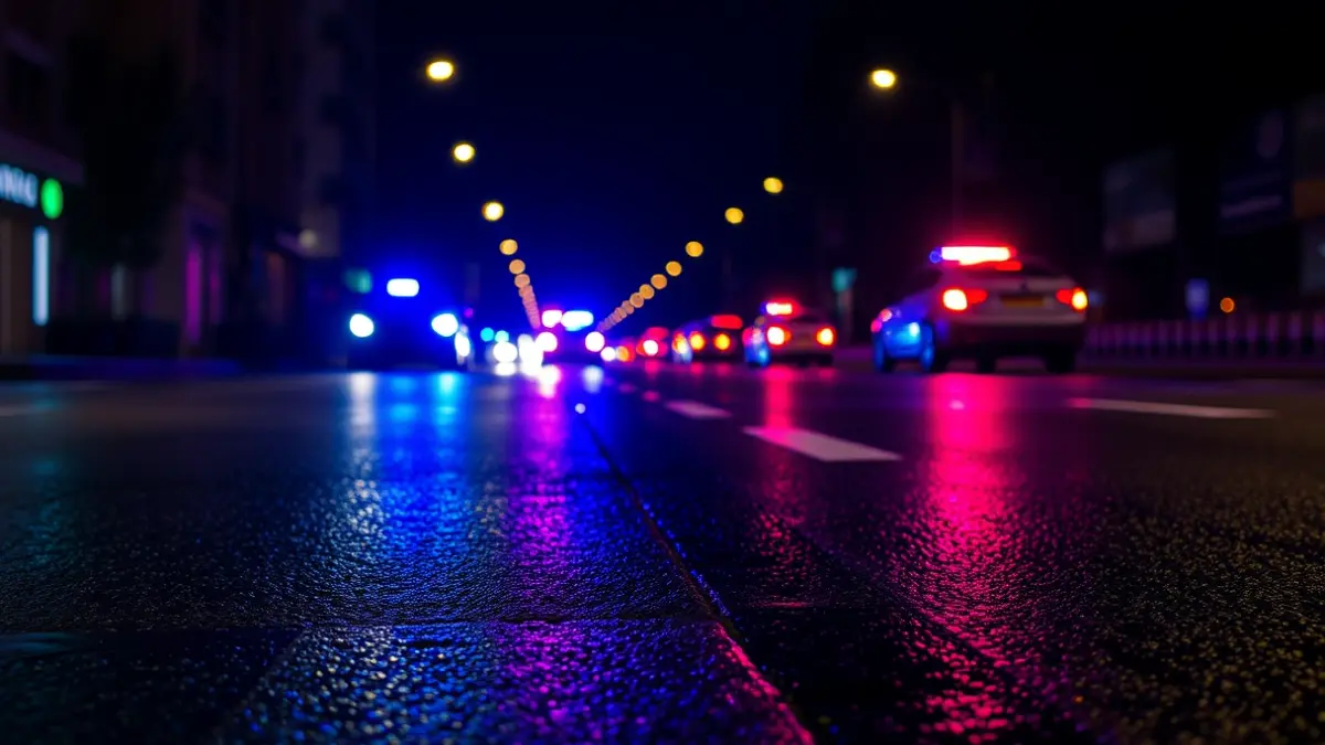 Generic image of emergency lights reflected on wet asphalt.