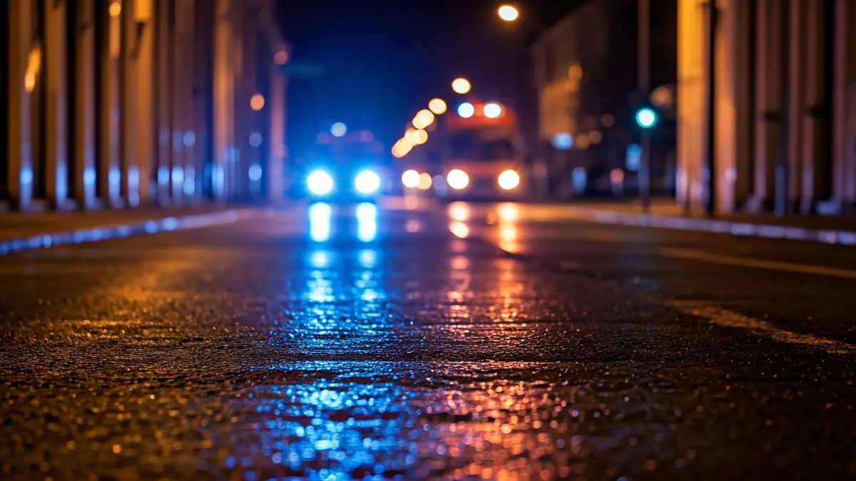Generic image of emergency lights reflecting on wet asphalt at night.