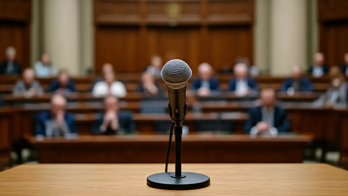 Imagen genérica de un micrófono en un podio en una sala parlamentaria vacía.
