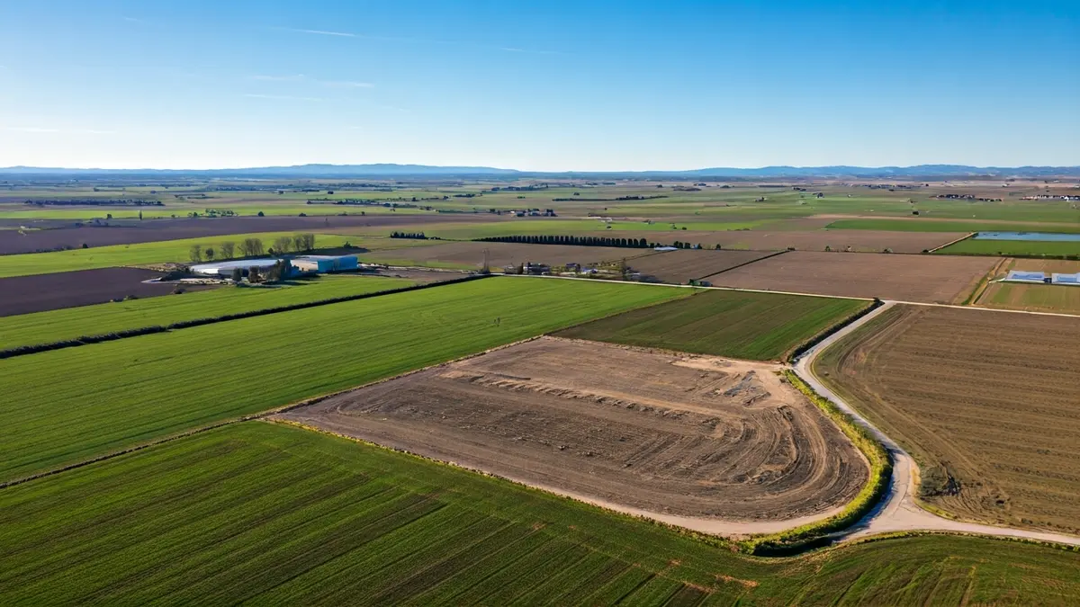 Aerial view of a rural agricultural landscape in the Comunidad de Madrid, with fields and scattered farm buildings, and an empty plot of land where a biogas plant might be built.