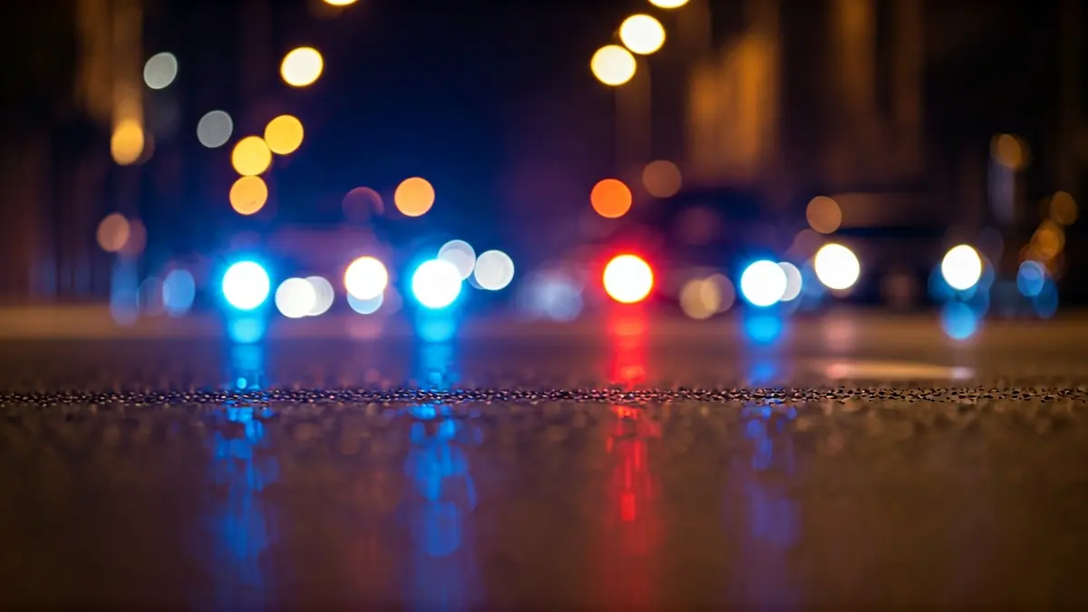 Imagen genérica de luces de emergencia reflejadas en el asfalto mojado en un entorno urbano nocturno.