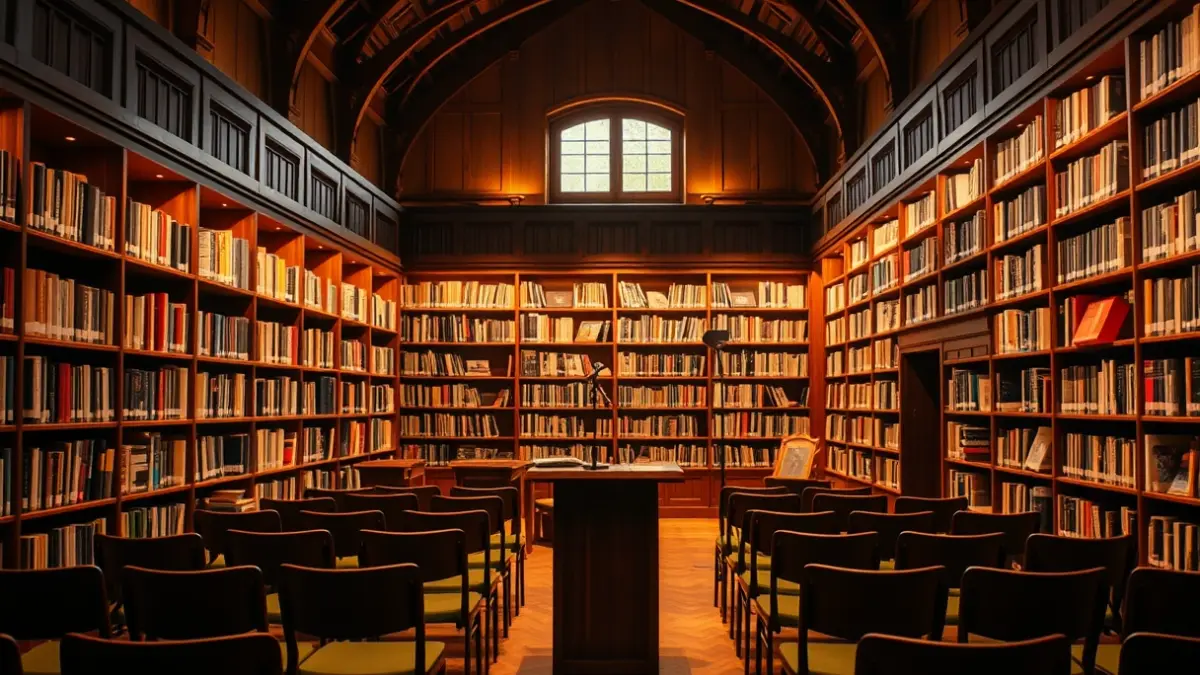 Imagen genérica de una biblioteca con estanterías de madera y un podio con micrófono.