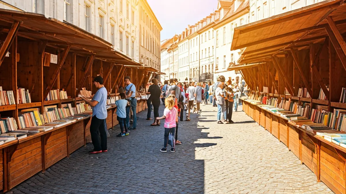 Imagen de la Feria del Libro de Paracuellos de Jarama con casetas y gente leyendo.