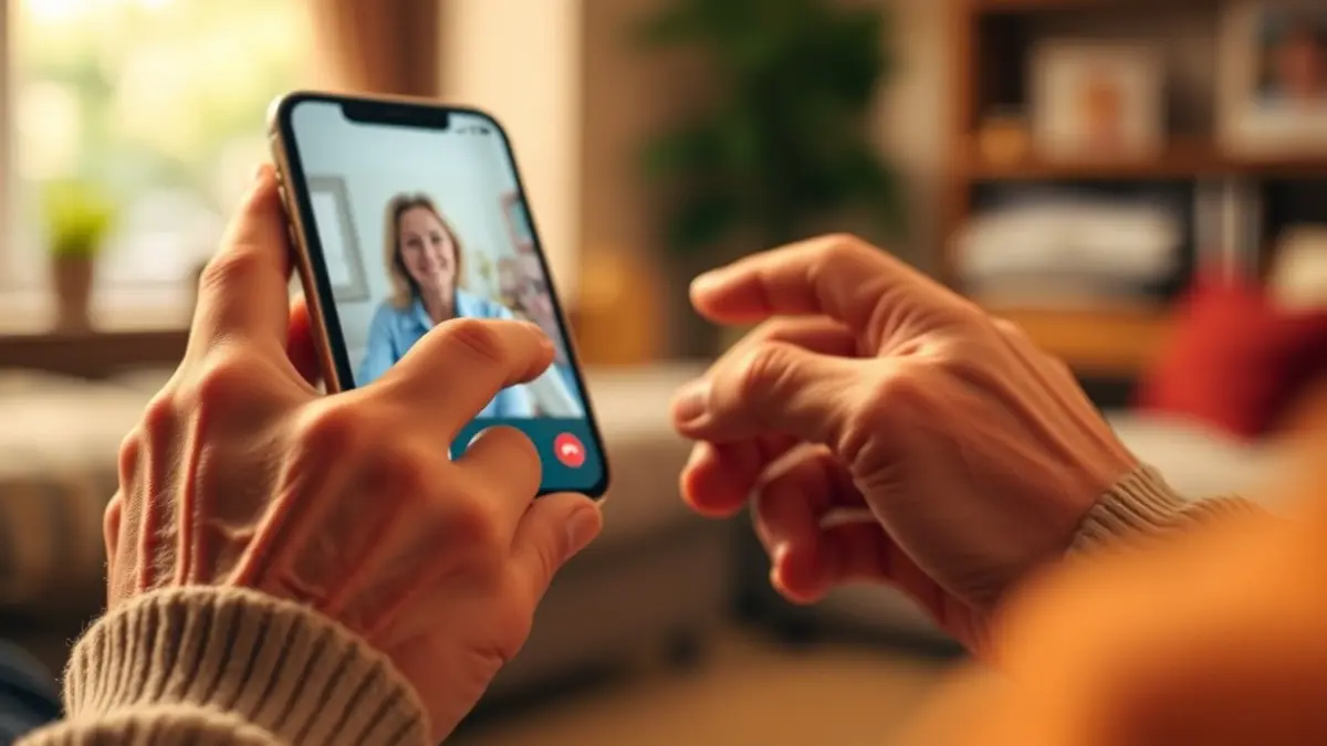 Imagen genérica de una persona mayor usando un smartphone para una videollamada.