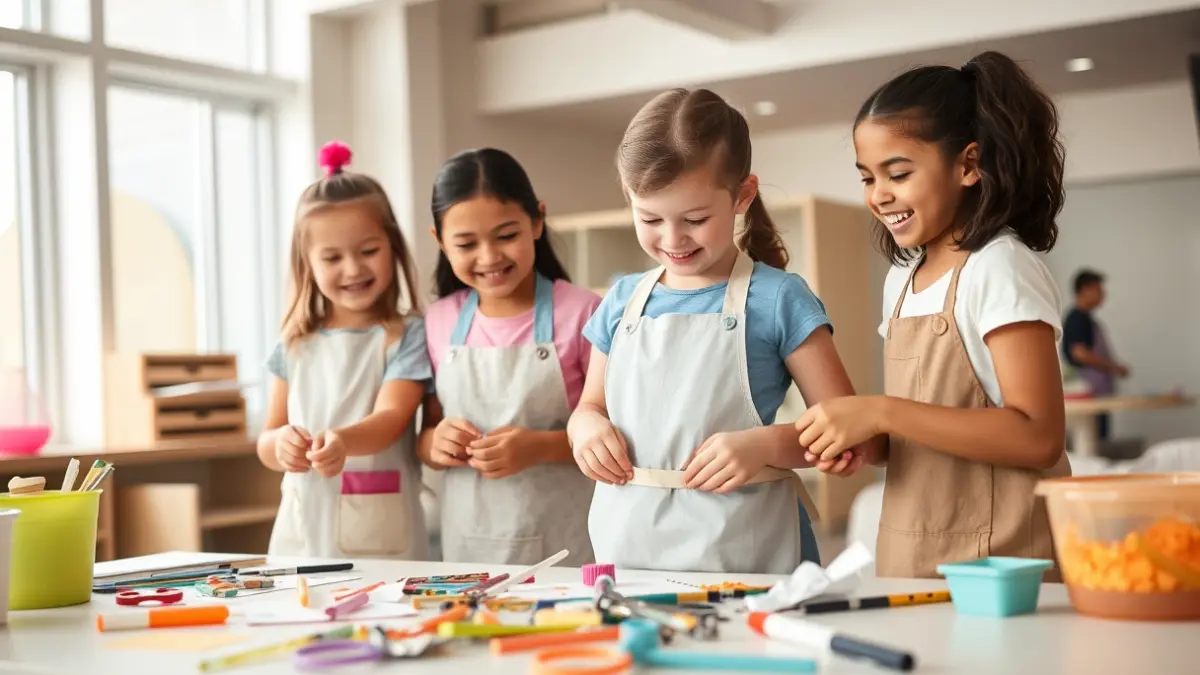 Familia realizando manualidades en un centro joven.