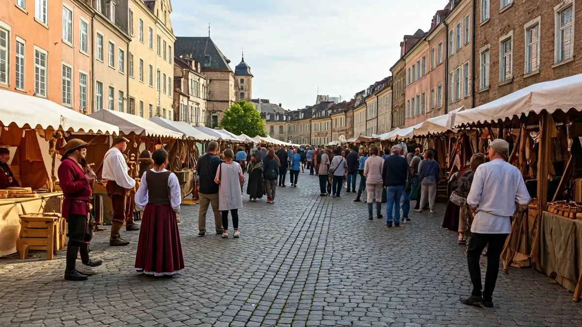 Imagen de un mercado medieval con puestos de artesanía y gente disfrazada.