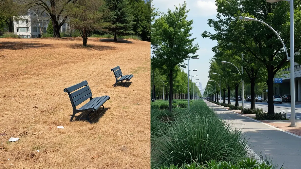 Imagen que contrasta un parque urbano degradado con una calle recién rehabilitada.