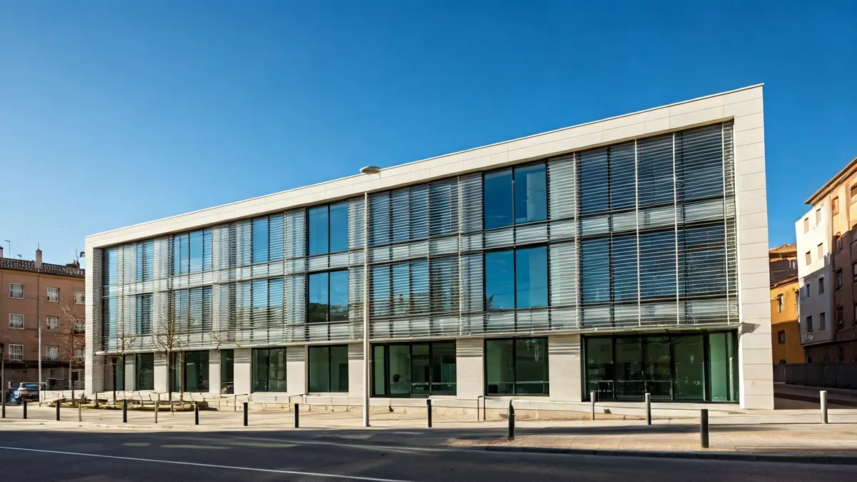 Image of the facade of a modern health center in an urban setting.