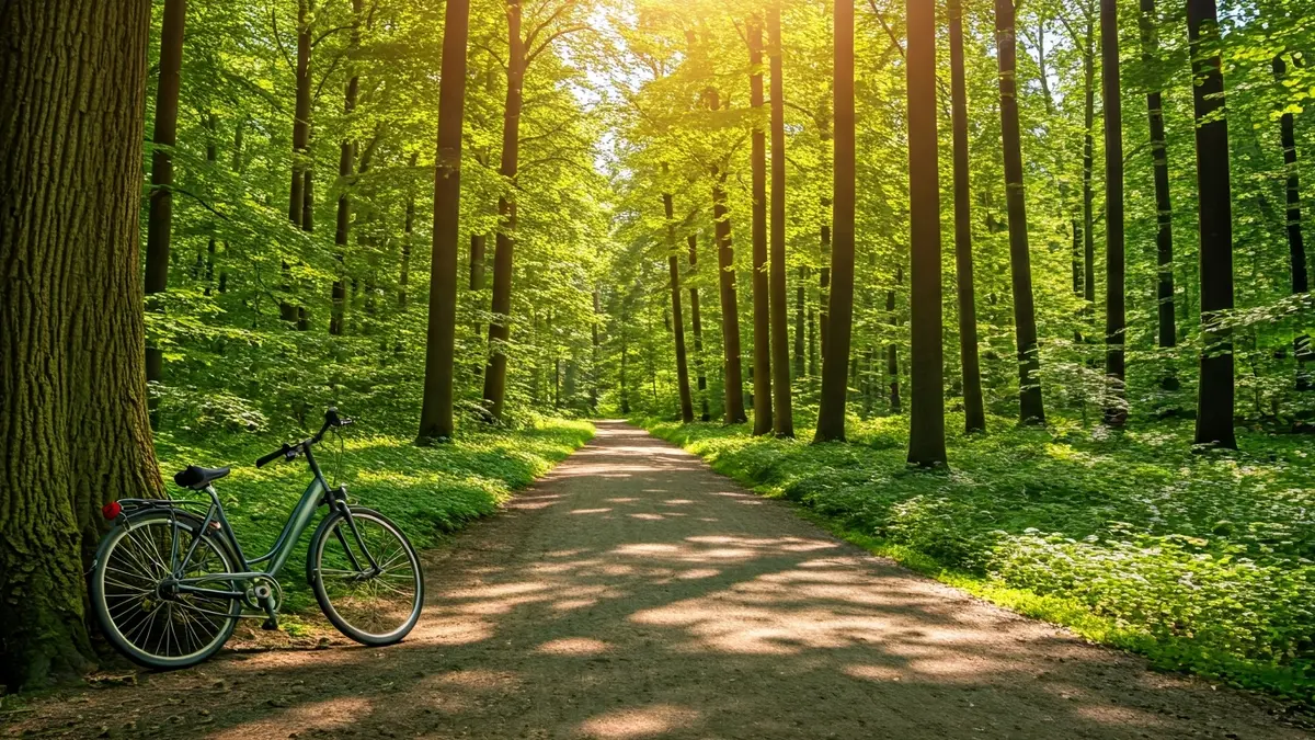 Generic image of a natural trail in a forest, with a bicycle leaning against a tree.