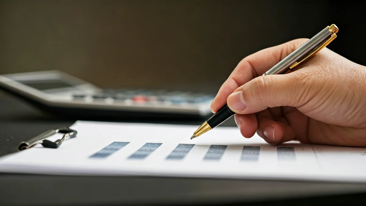 Generic image of a hand with a pen over financial documents, symbolizing budget management.