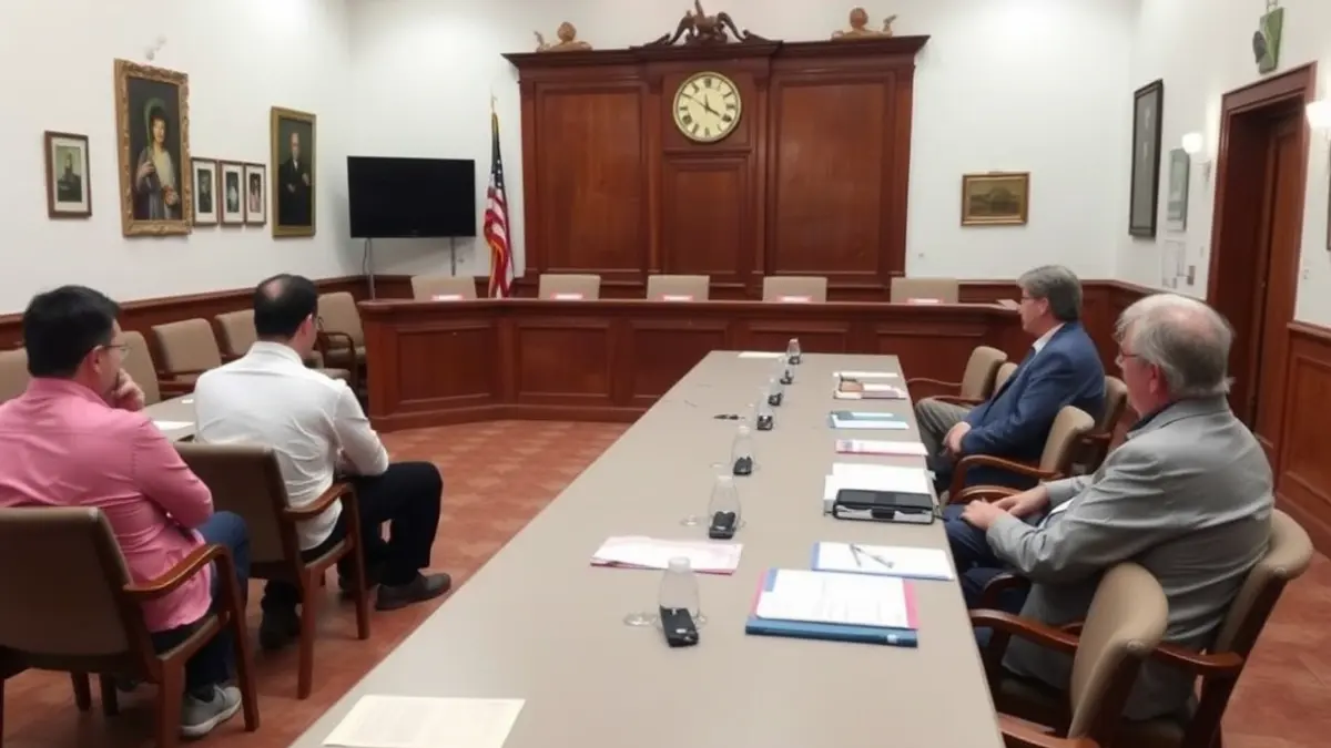 Image of a formal meeting room, with a long table and chairs, representing a local government session.