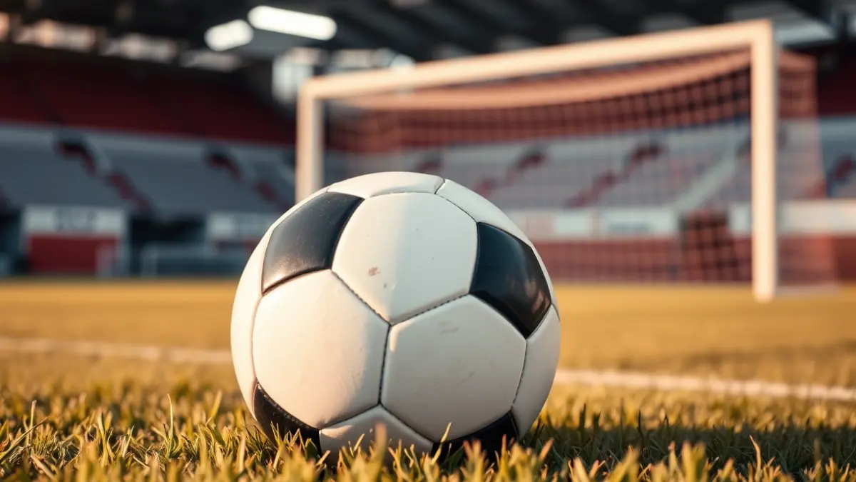 Generic image of a soccer ball on a field, with a blurred goal in the background.