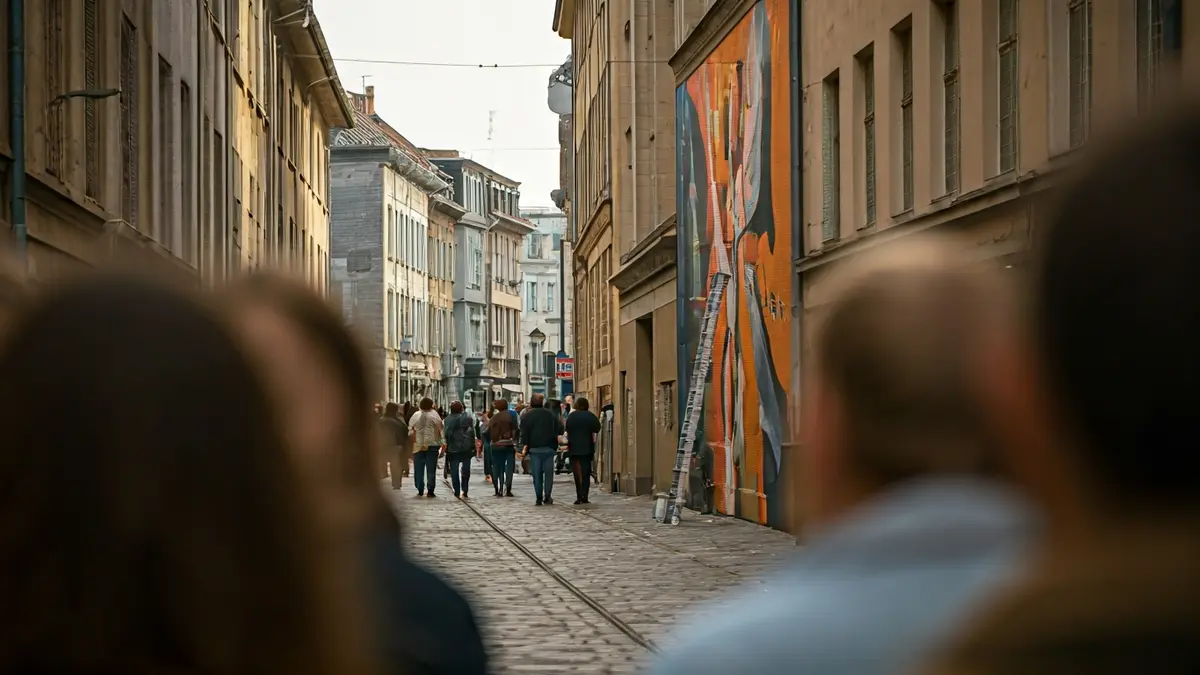 Imagen genérica de un artista pintando un mural de arte urbano en una calle concurrida.