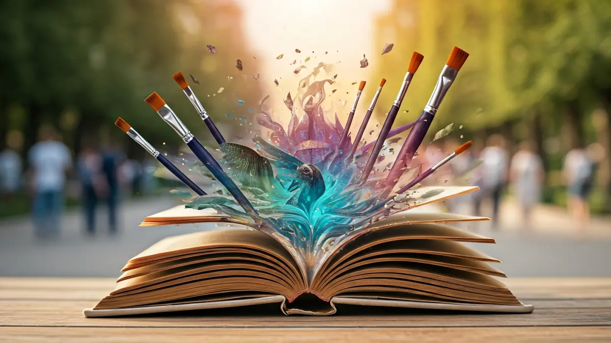 Imagen de un libro abierto con elementos de ilustración y escritura creativa.