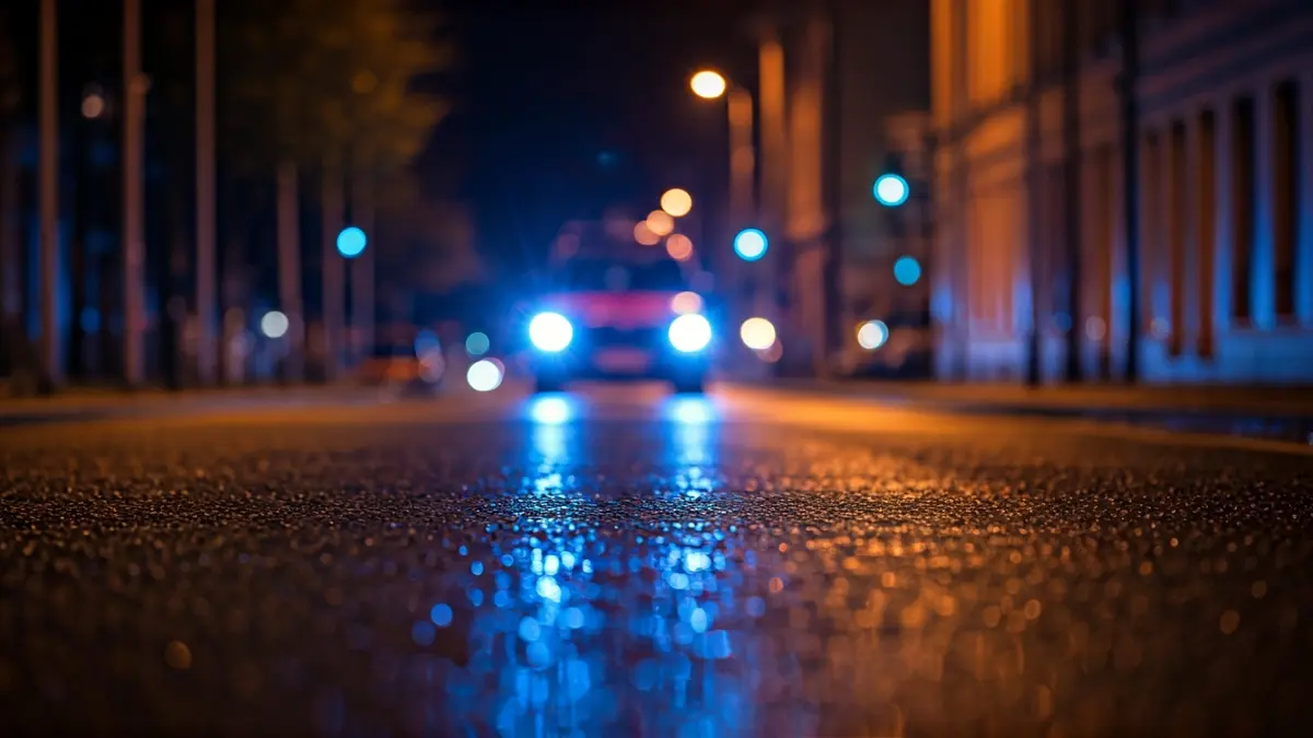 Generic image of police emergency lights reflecting on wet asphalt.