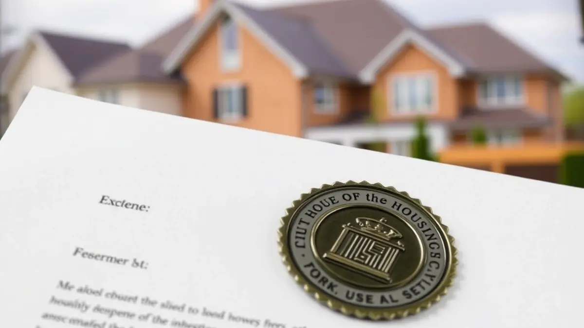Generic image of an official document with a seal, over a blurred residential background.