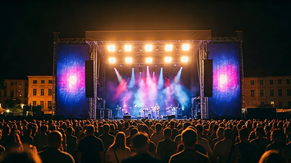 Imagen genérica de un escenario de conciertos al aire libre con luces de colores y público borroso.