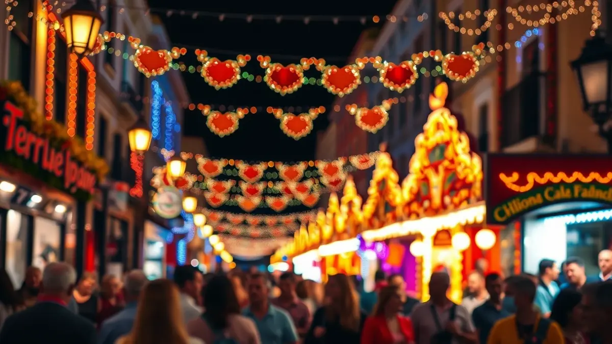 Imagen genérica de una feria andaluza con decoraciones coloridas y ambiente festivo.