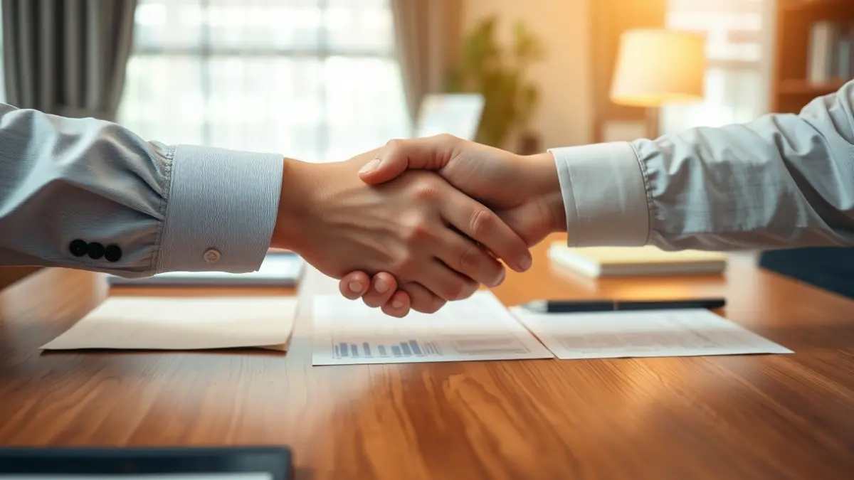 Generic image of two hands shaking over a desk, symbolizing an agreement.