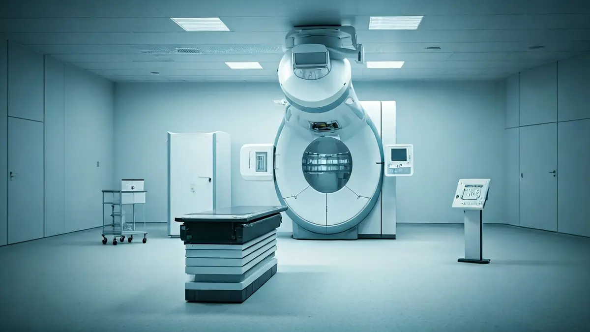 Image of a proton therapy machine in a modern medical center.