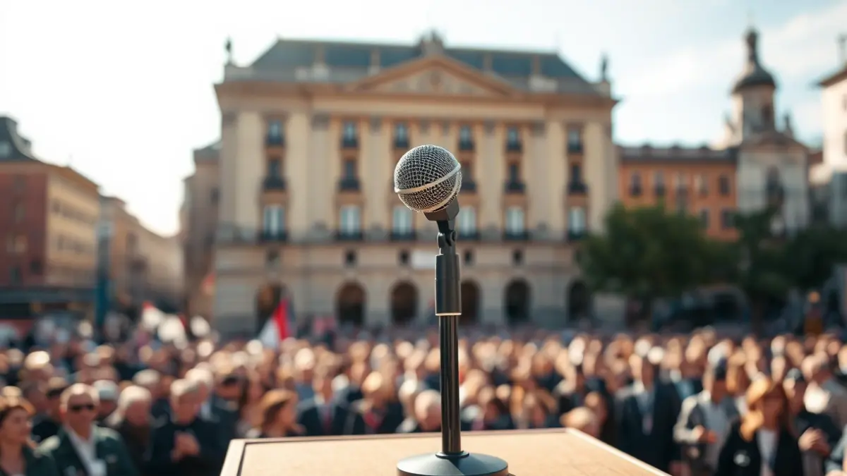 Imagen genérica de un micrófono en un podio durante un evento político en una plaza pública.