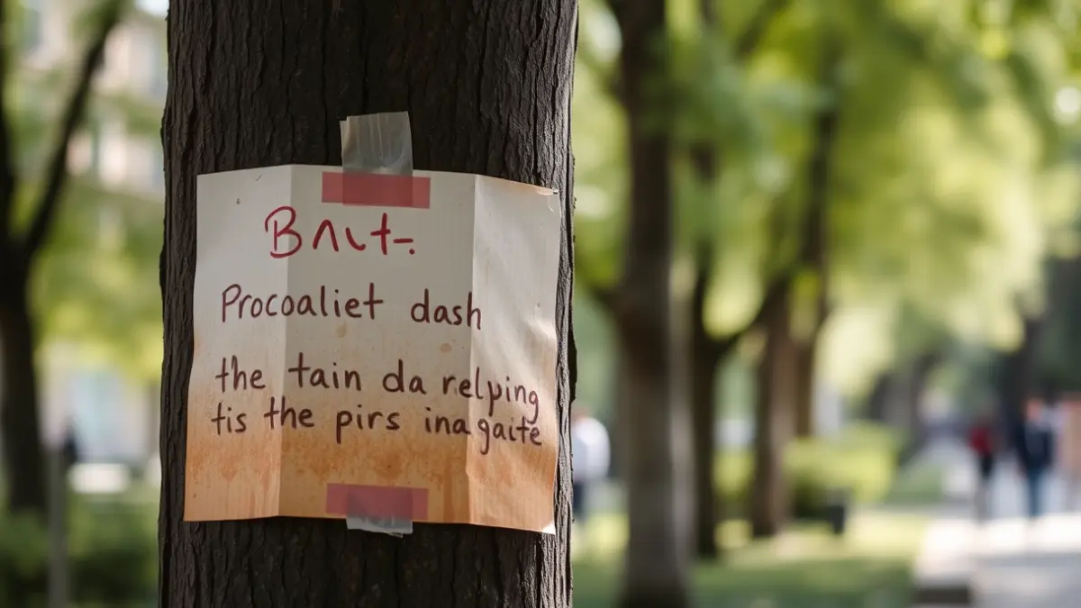 Imagen de un cartel pegado con cinta adhesiva a un tronco de árbol en un parque urbano de Madrid.