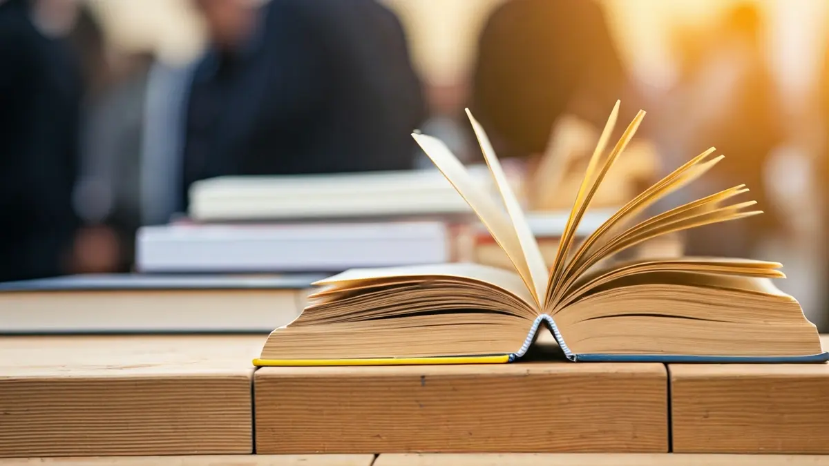 Generic image of open books on a wooden table at a book fair.
