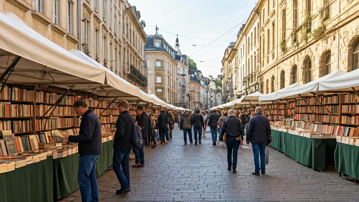 Generic image of a book fair with stalls and people strolling.