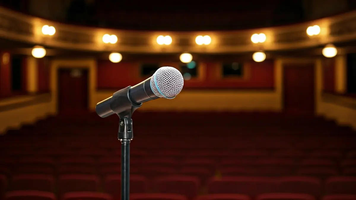 Generic image of a microphone on a podium in an empty theater, ready for a lecture.