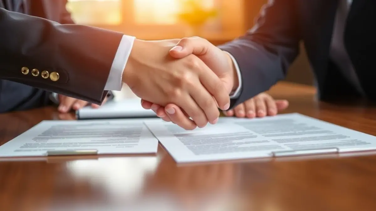 Generic image of an agreement or convention, with two hands shaking over a desk with documents.