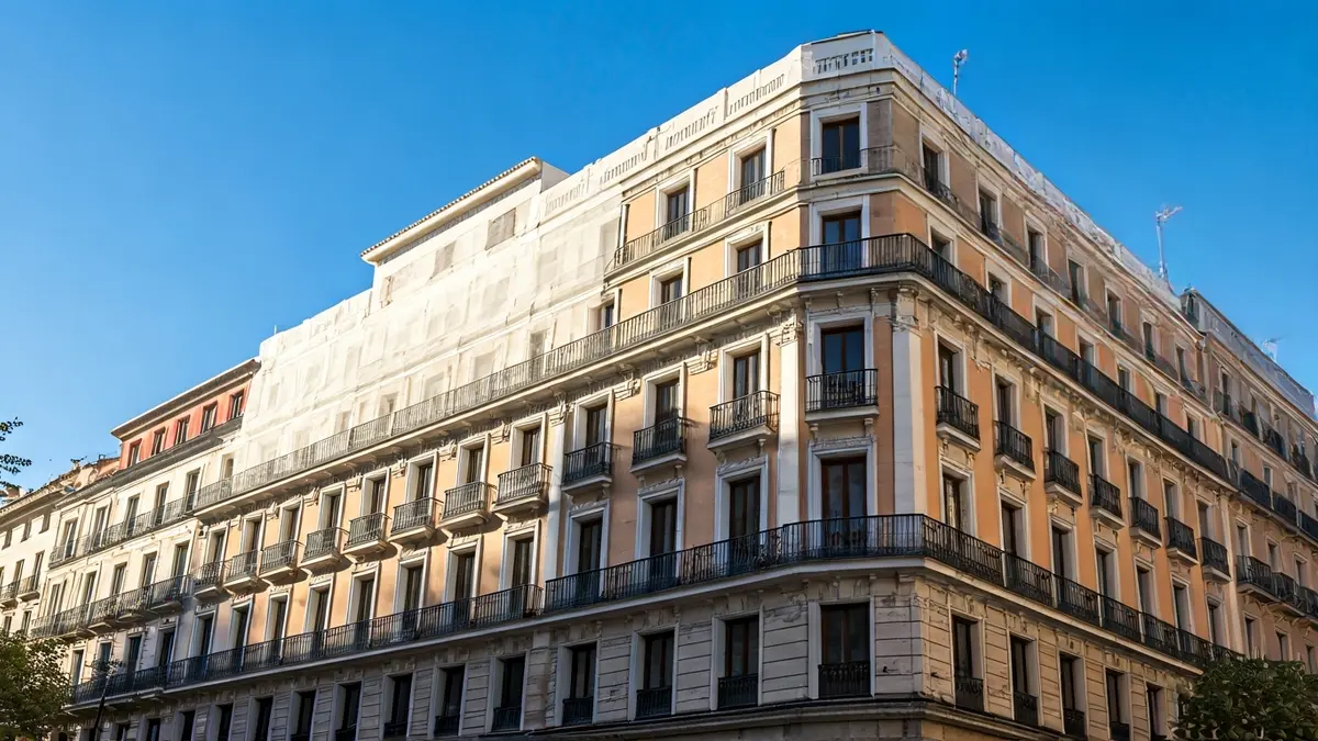 Fachada de un edificio histórico en rehabilitación en Madrid, con andamios y redes de construcción.