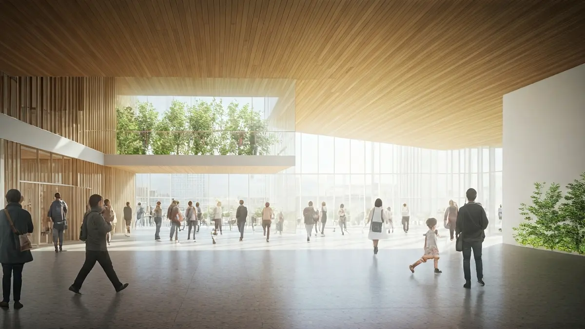 Imagen de un centro cultural y sanitario moderno con espacios abiertos y luz natural.