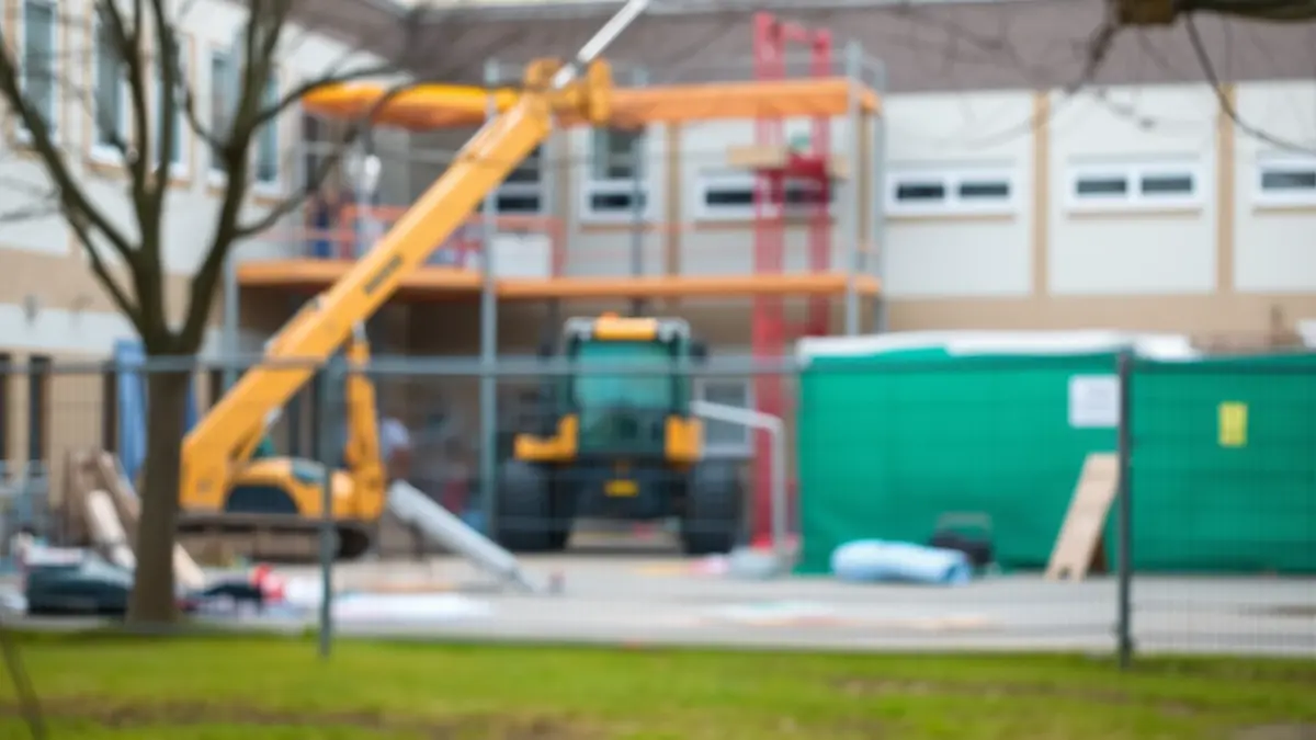 Imagen de obras en un centro educativo con maquinaria y vallas.