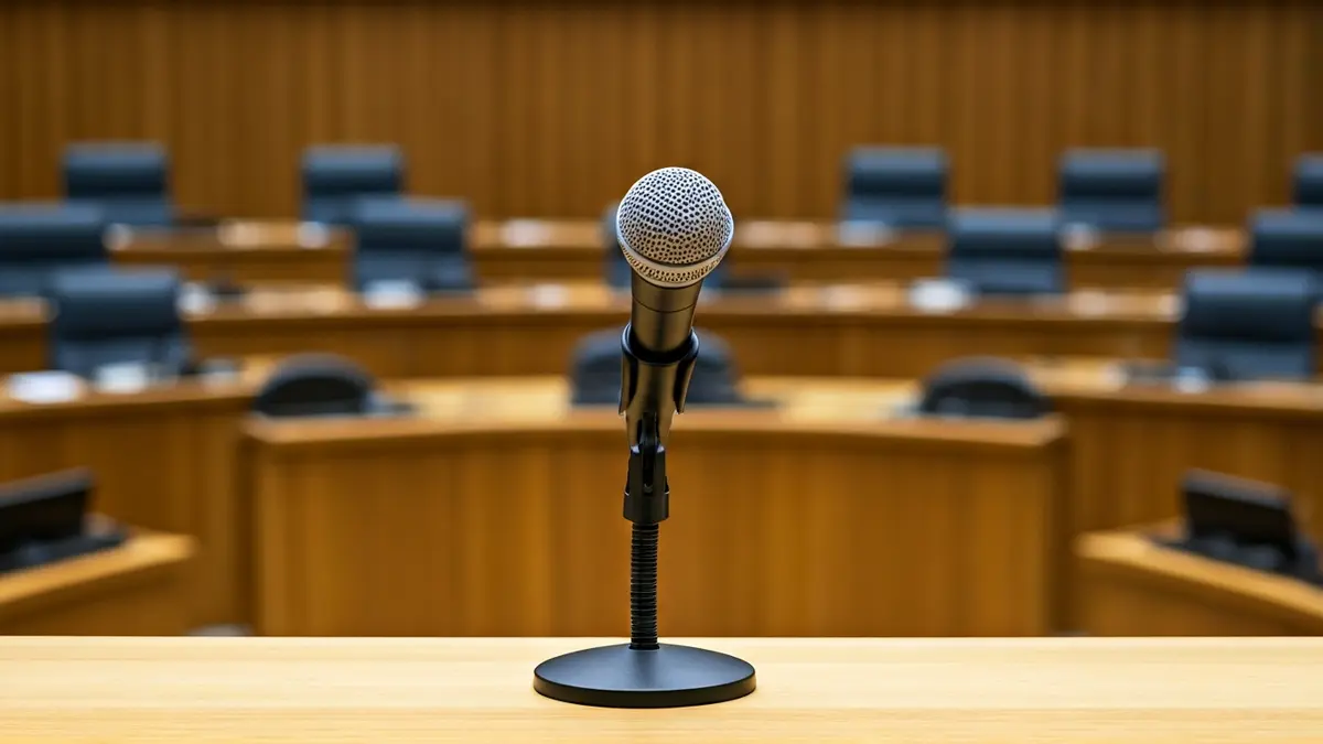 Generic image of a microphone on a podium in a meeting room, symbolizing political negotiations.