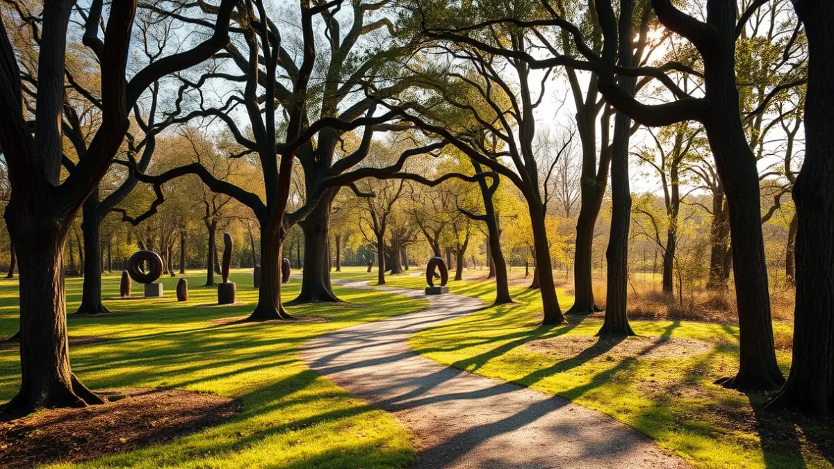 Imagen de esculturas integradas en un entorno natural boscoso.