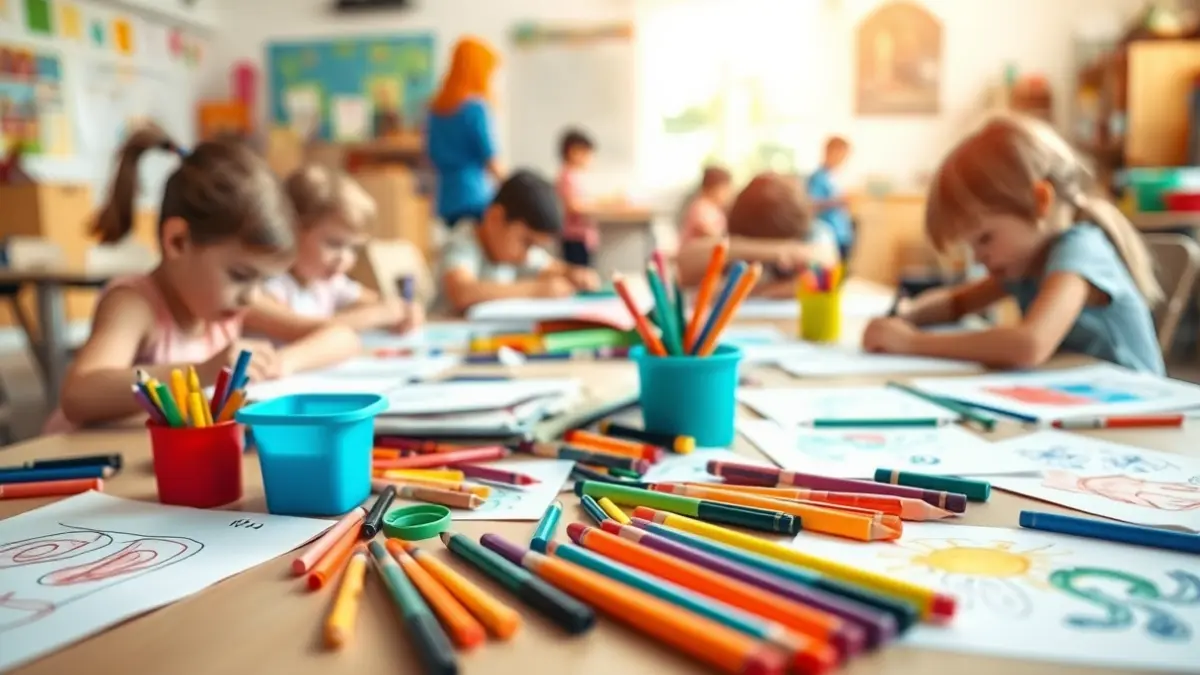 Imagen genérica de materiales de arte para niños en un campamento de verano.