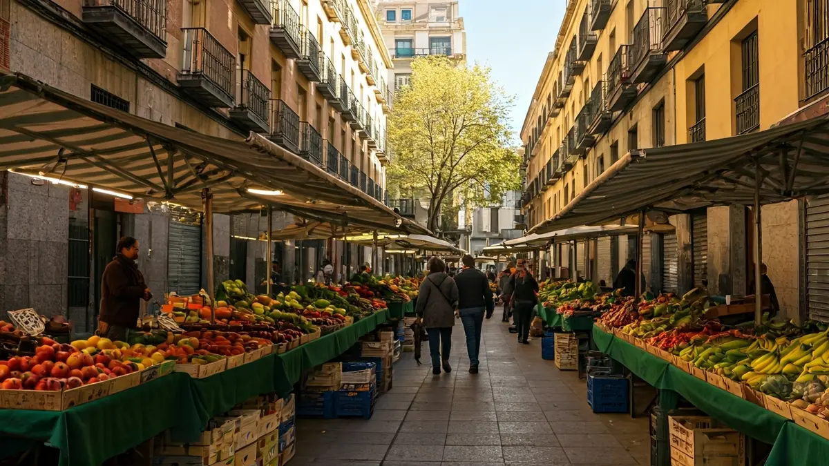 Imagen genérica de un mercado de barrio con puestos de frutas y verduras, y gente comprando.