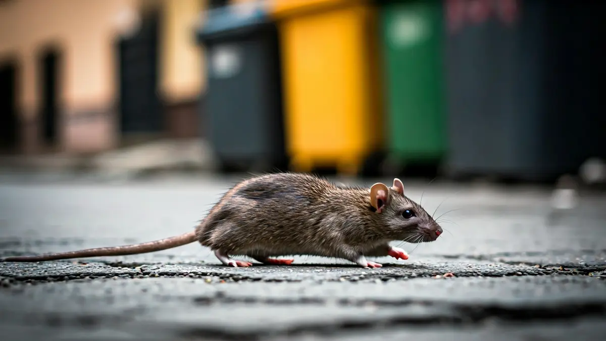 Imagen de una rata en una calle con obras y basura.