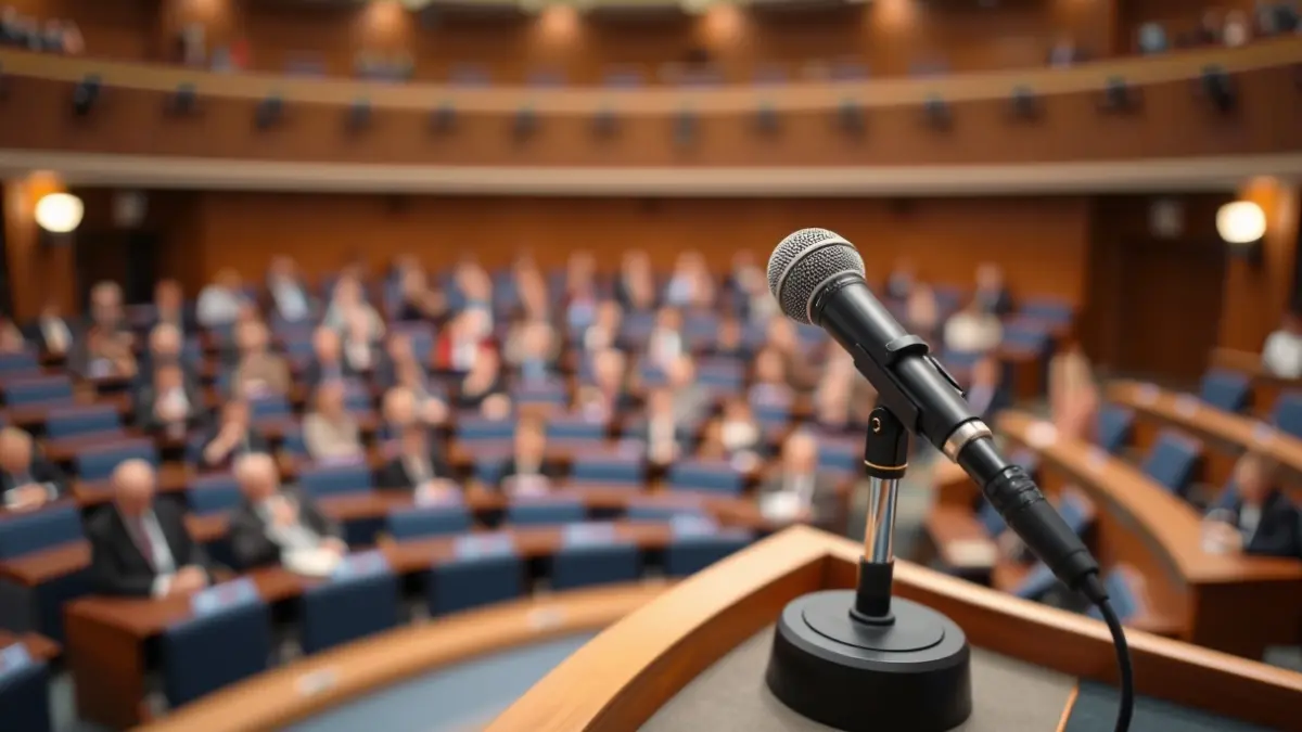 Generic image of a microphone on a podium in an assembly hall, symbolizing a political debate.