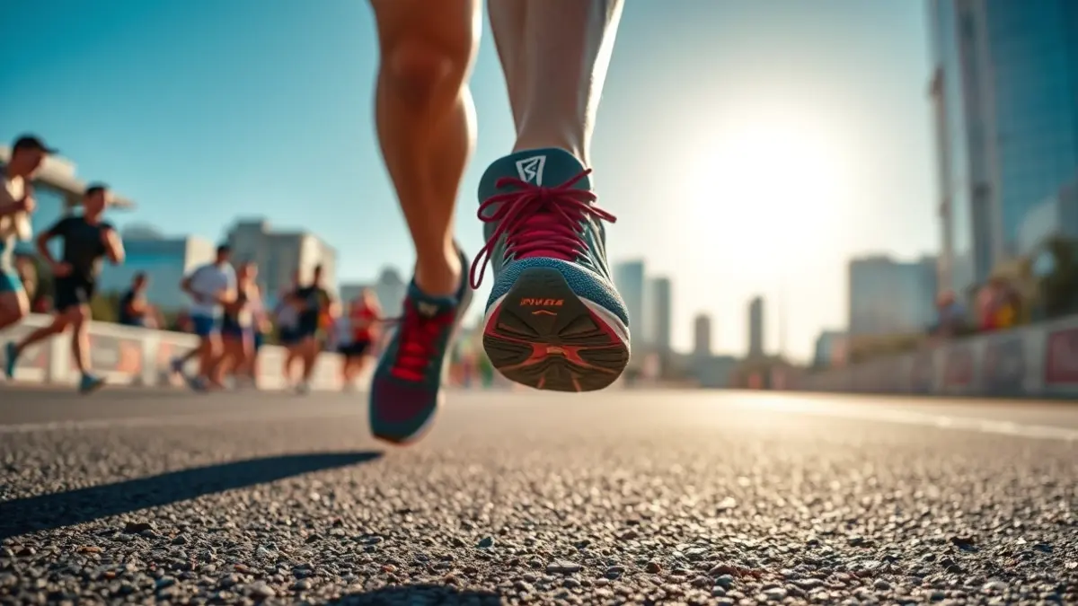 Generic image of a runner's feet on an asphalt track during a marathon.