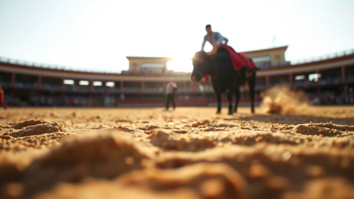 Image of a bullring with sand and blurred silhouettes of a bull and a bullfighter.