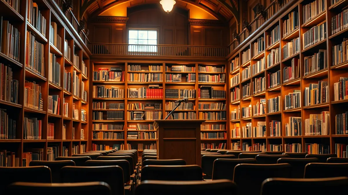 Imagen genérica de un interior de biblioteca con estanterías de madera y un podio con micrófono, evocando un ambiente literario.
