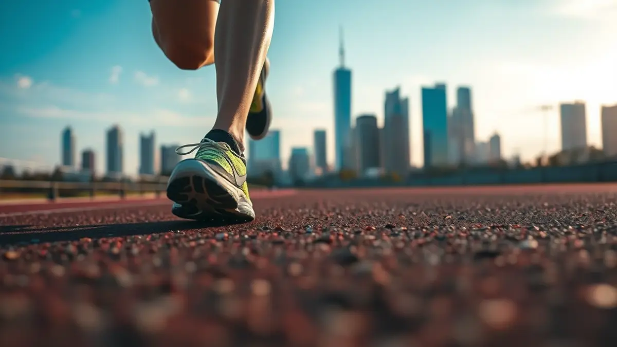 Generic image of running shoes on an asphalt track with a blurred urban background.